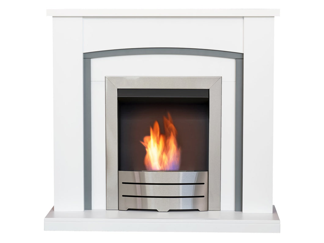 Adam Chilton Fireplace in Pure White & Grey with Colorado Bio Ethanol Fire in Brushed Steel, 39 Inch