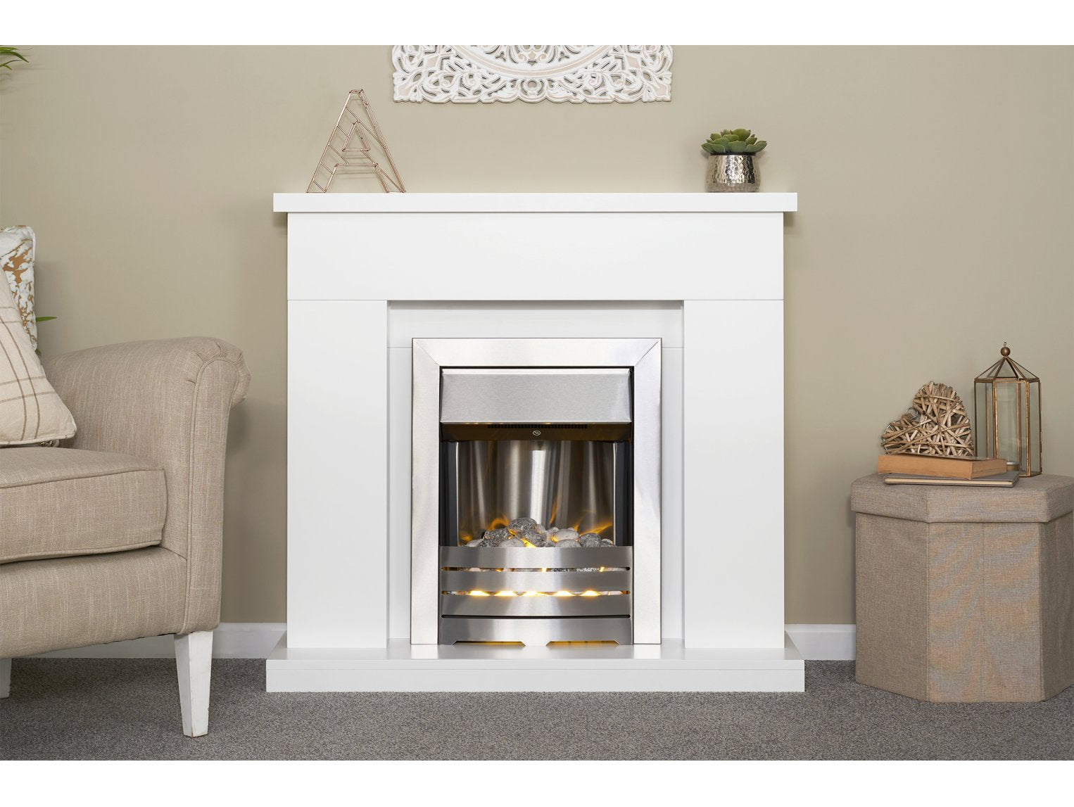 Adam Lomond Fireplace Suite Pure White + Helios Electric Fire Brushed Steel, 39