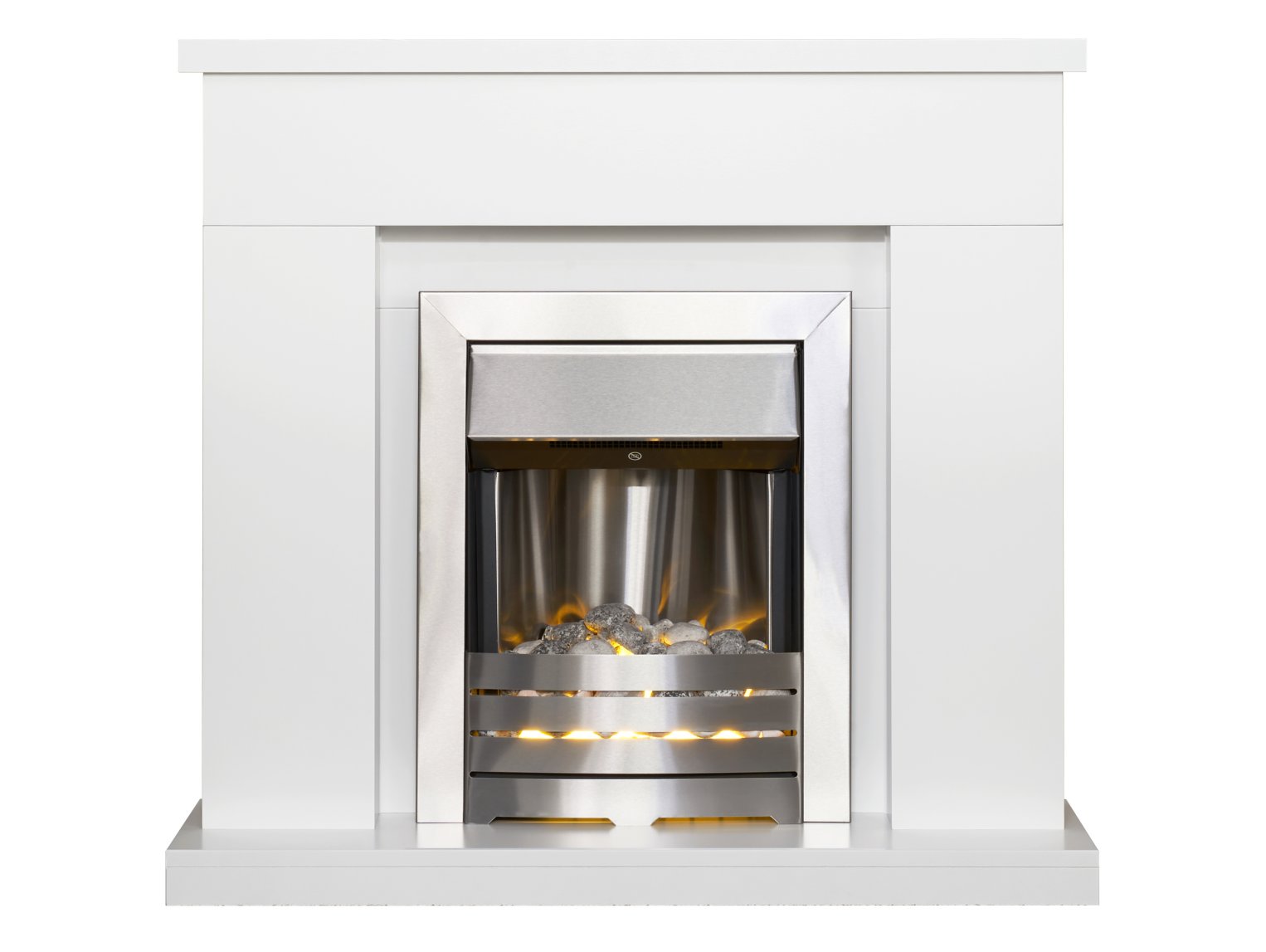 Adam Lomond Fireplace Suite in Pure White with Helios Electric Fire in Brushed Steel, 39 Inch