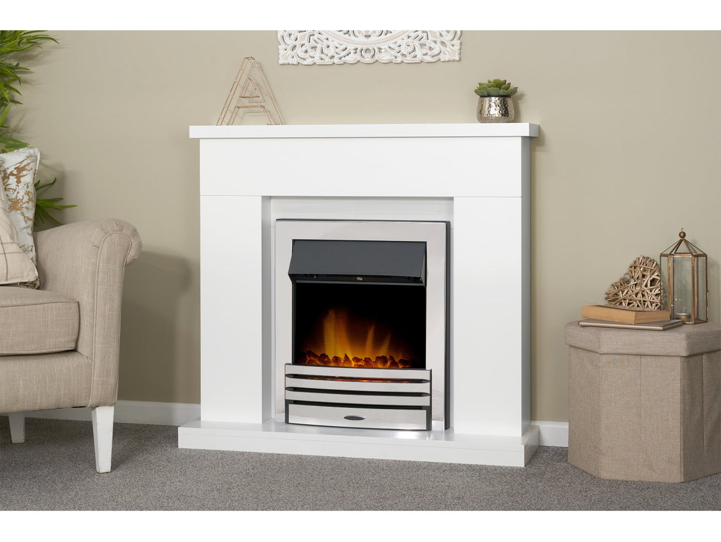 Adam Lomond Fireplace Suite Pure White + Eclipse Electric Fire Chrome, 39"