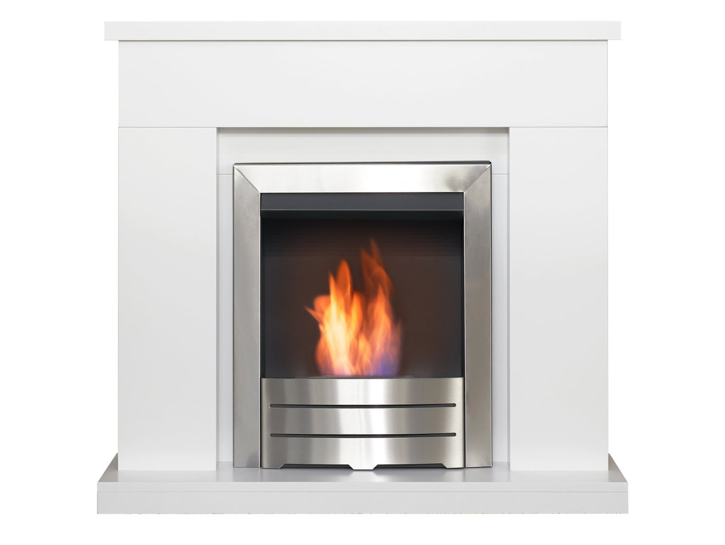 Adam Lomond Fireplace Suite in Pure White with Colorado Bio Ethanol Fire in Brushed Steel, 39 Inch