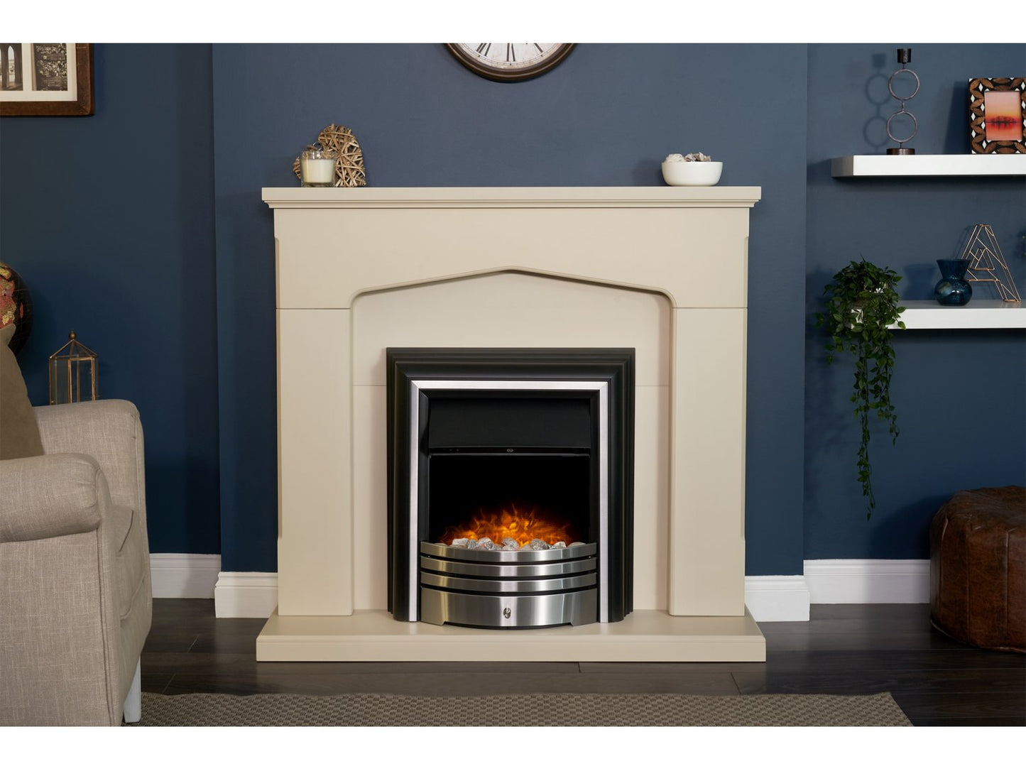 Adam Cotswold Fireplace Stone Effect + York Freestanding Electric Fire Brushed Steel, 48"