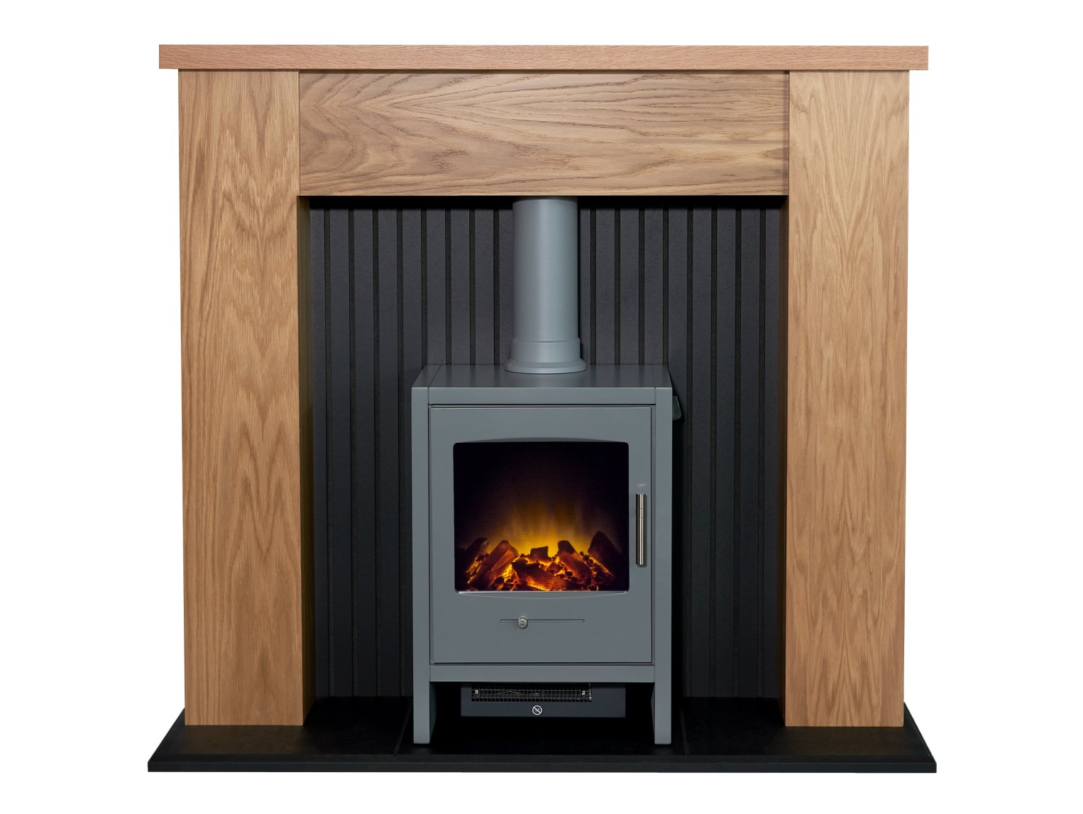 Adam New England Stove Fireplace in Oak & Black with Bergen Electric Stove in Grey, 48 Inch