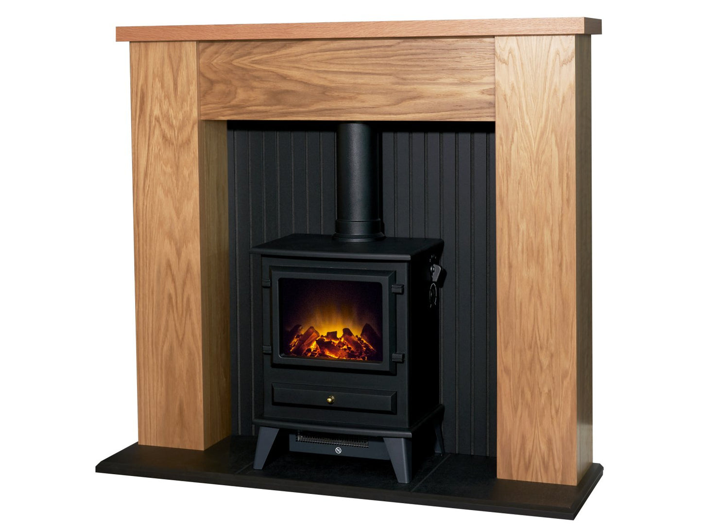 Adam New England Stove Fireplace Oak & Black + Hudson Electric Stove Black, 48"