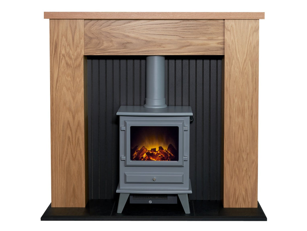 Adam New England Stove Fireplace in Oak & Black with Hudson Electric Stove in Grey, 48 Inch