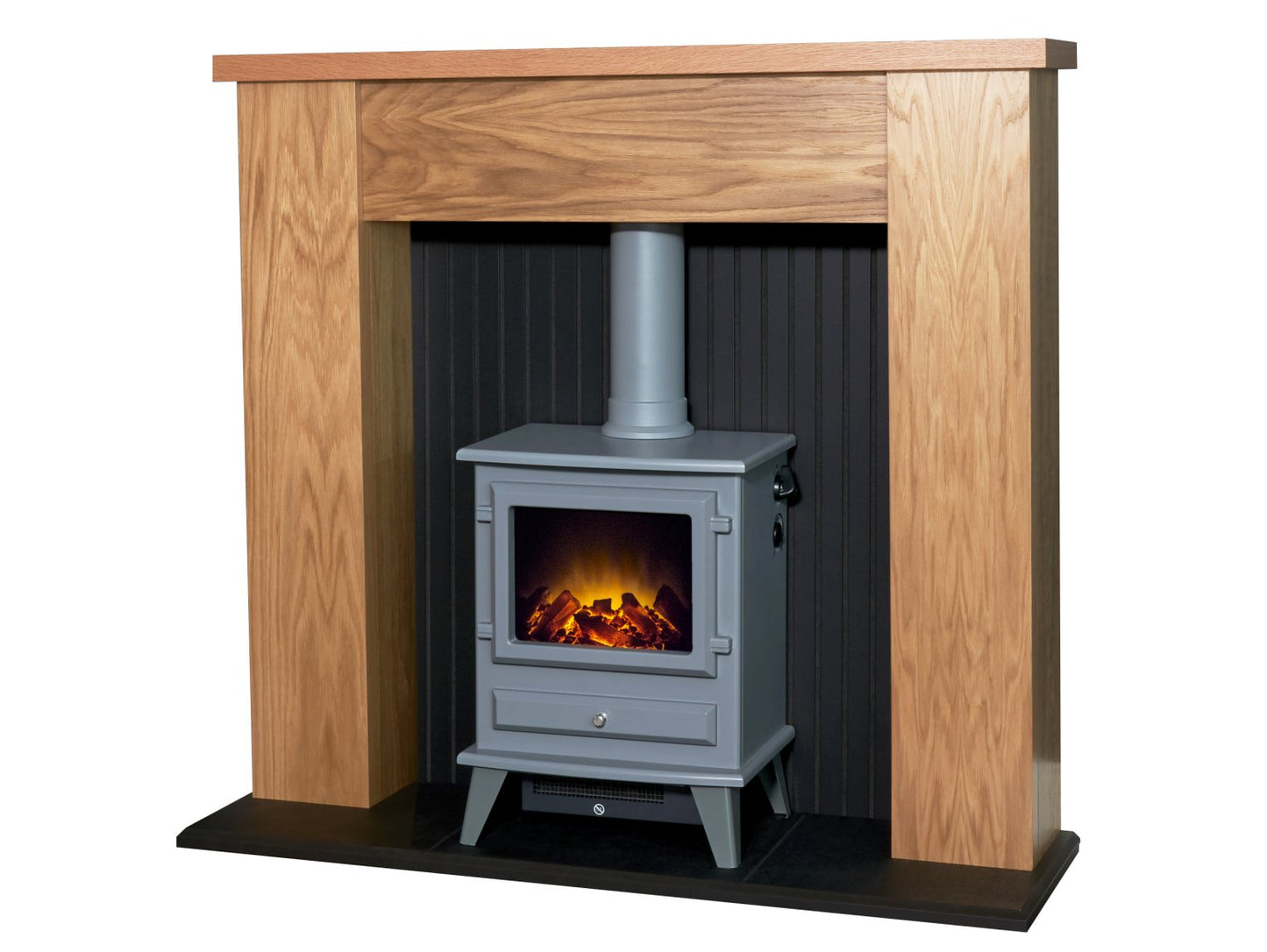 Adam New England Stove Fireplace Oak & Black + Hudson Electric Stove Grey, 48"