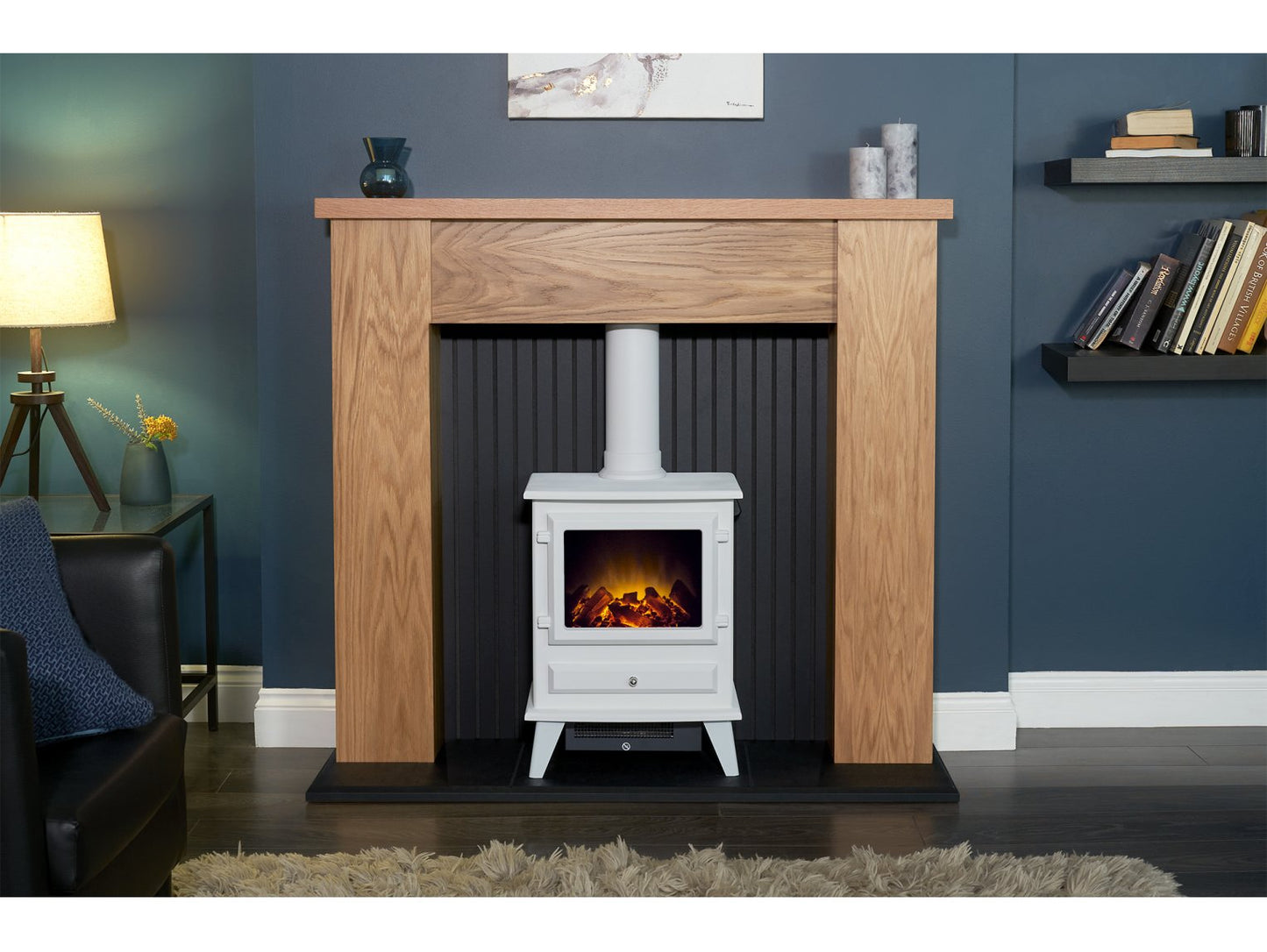 Adam New England Stove Fireplace Oak & Black + Hudson Electric Stove Textured White, 48"