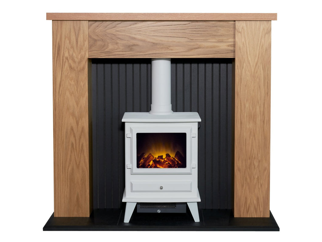 Adam New England Stove Fireplace in Oak & Black with Hudson Electric Stove in Textured White, 48 Inch