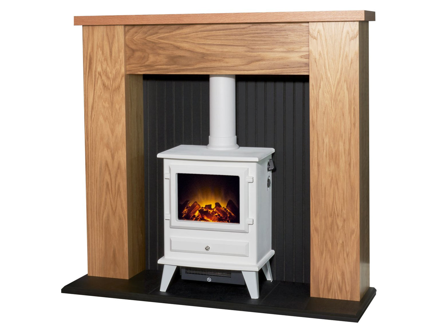 Adam New England Stove Fireplace Oak & Black + Hudson Electric Stove Textured White, 48"