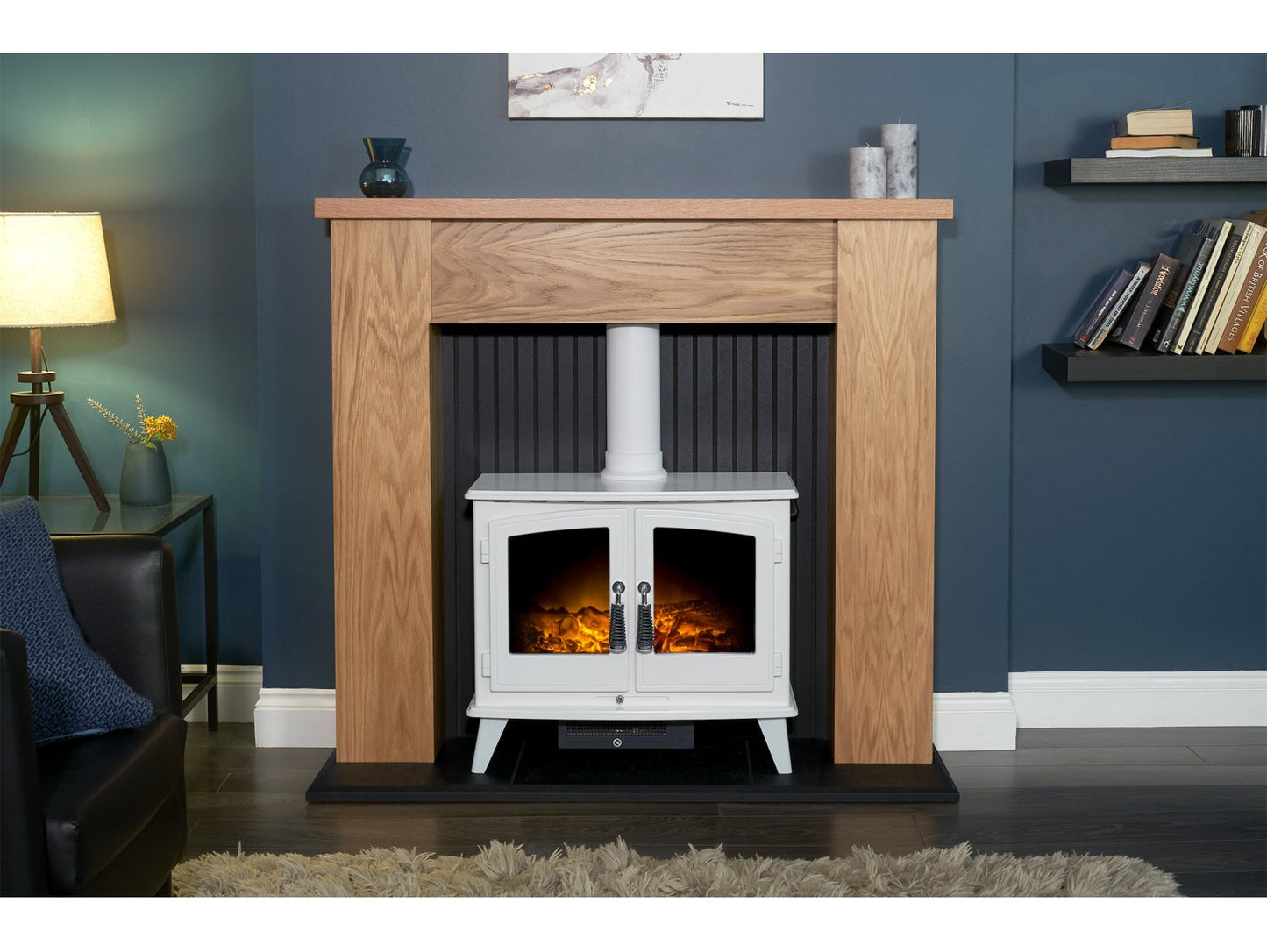 Adam New England Stove Fireplace Oak & Black + Woodhouse Electric Stove Pure White, 48"