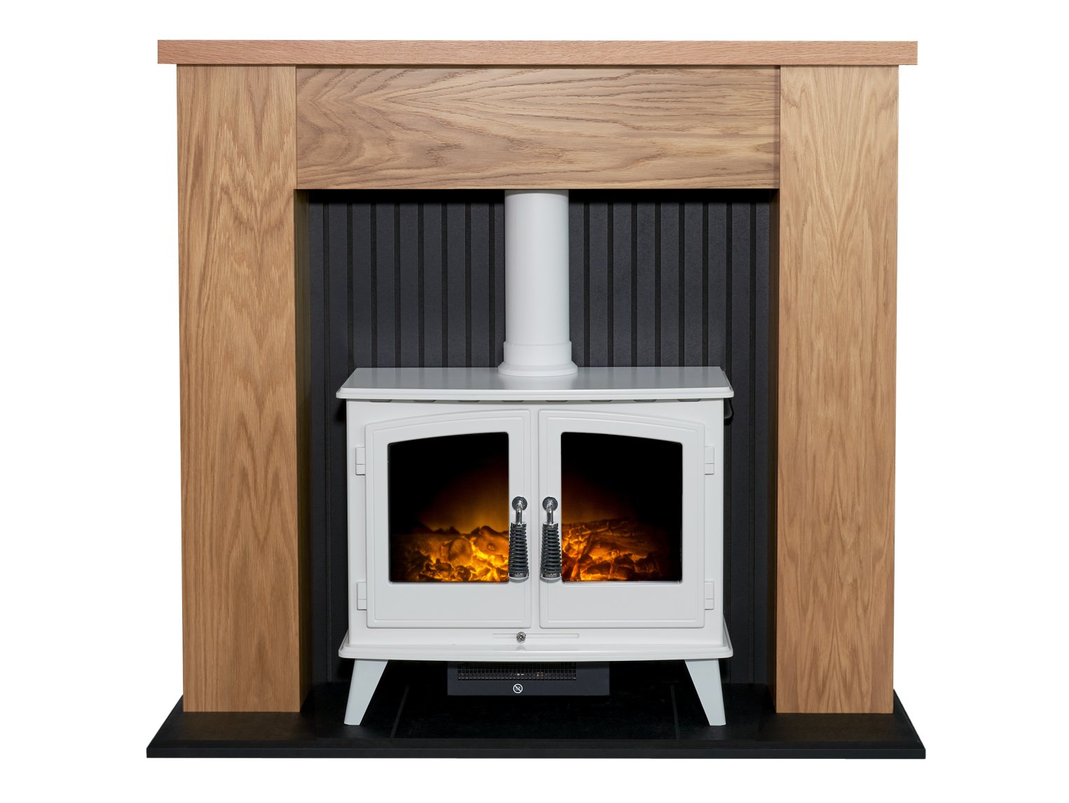 Adam New England Stove Fireplace in Oak & Black with Woodhouse Electric Stove in Pure White, 48 Inch