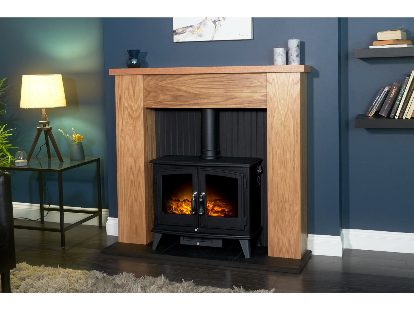 Adam New England Stove Fireplace Oak & Black + Woodhouse Electric Stove Black, 48"