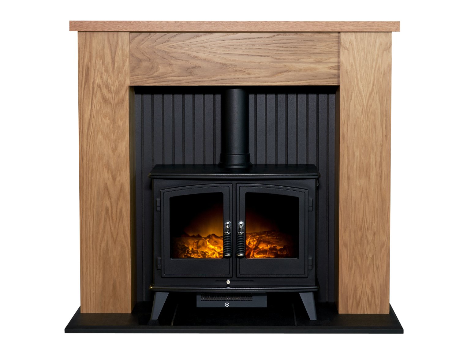 Adam New England Stove Fireplace in Oak & Black with Woodhouse Electric Stove in Black, 48 Inch