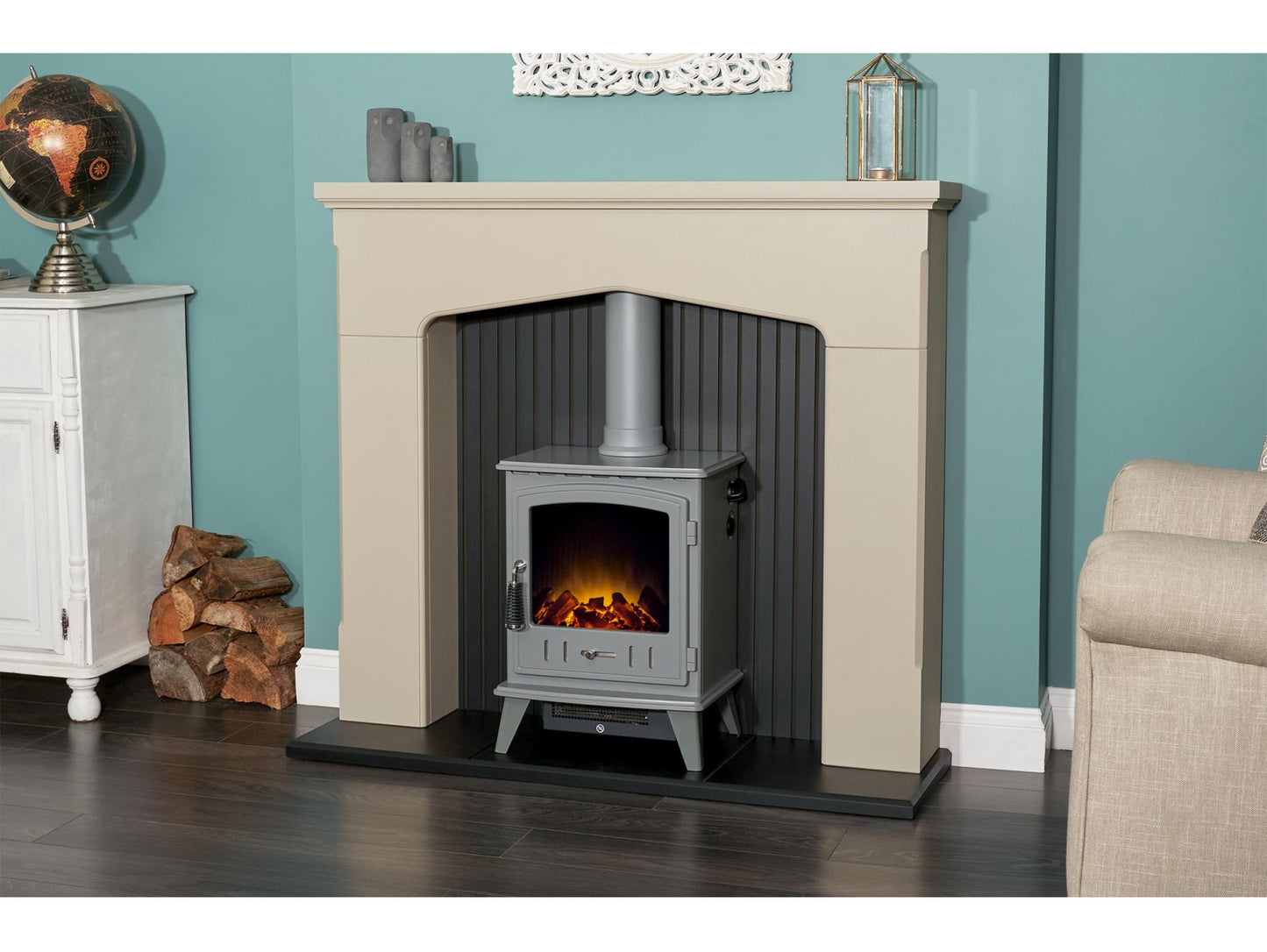 Adam Ludlow Stove Fireplace Stone Effect + Aviemore Electric Stove Grey, 48"