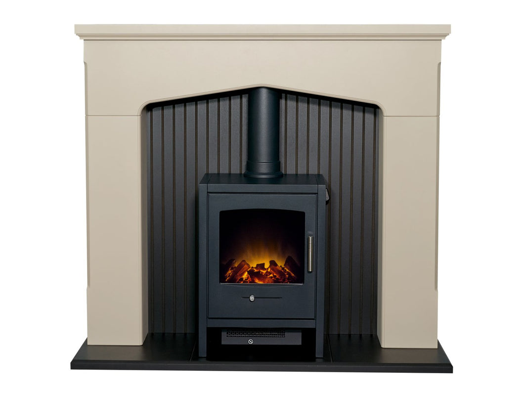 Adam Ludlow Stove Fireplace in Stone Effect with Bergen Electric Stove in Charcoal Grey, 48 Inch