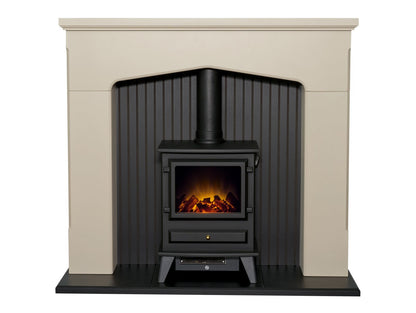 Adam Ludlow Stove Fireplace in Stone Effect with Hudson Electric Stove in Black, 48 Inch