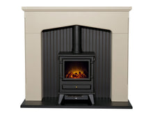 Load image into Gallery viewer, Adam Ludlow Stove Fireplace in Stone Effect with Hudson Electric Stove in Black, 48 Inch
