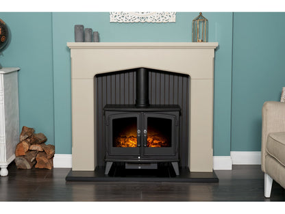 Adam Ludlow Stove Fireplace Stone Effect + Woodhouse Electric Stove Black, 48"