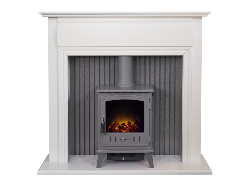 Adam Florence Stove Suite Pure White + Aviemore Electric Stove Grey Enamel, 48