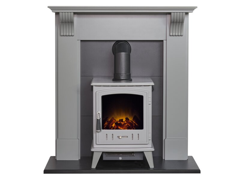 Adam Harrogate Stove Fireplace in Grey & Black w Aviemore Electric Stove in Grey, 39