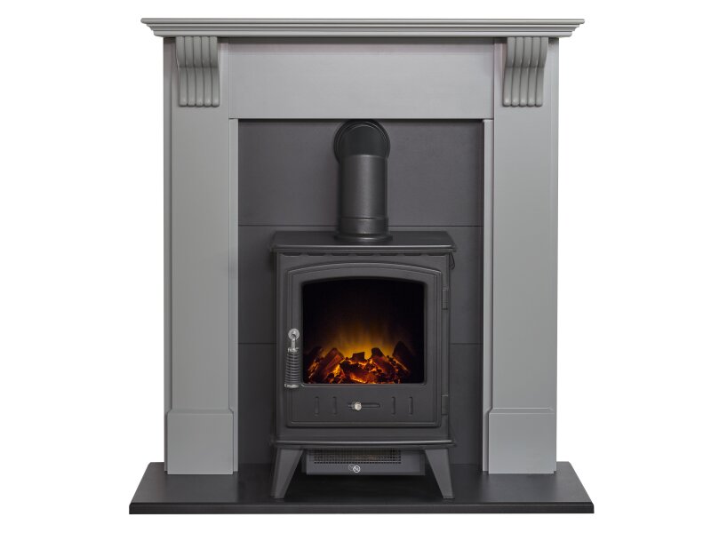 Adam Harrogate Stove Fireplace in Grey & Black w Aviemore Electric Stove in Black, 39