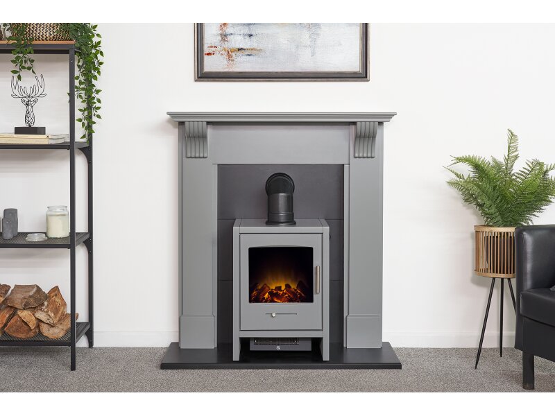 Adam Harrogate Stove Fireplace in Grey & Black w Bergen Electric Stove in Grey, 39"