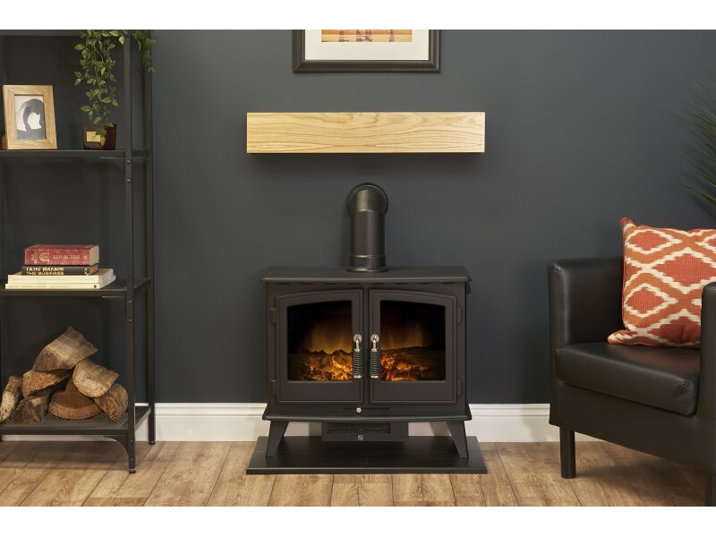 Adam Oak Beam, Hearth & Stove Pipe with Woodhouse Stove in Black