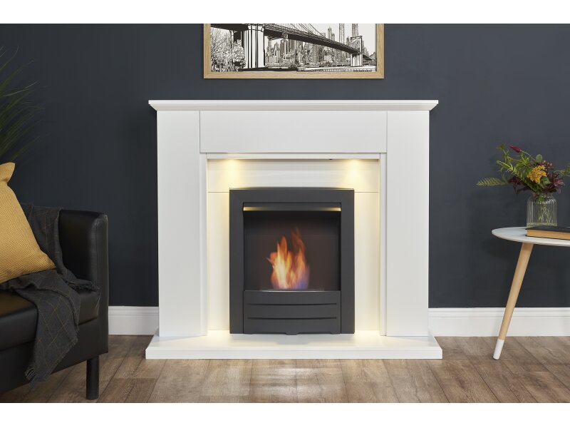 Adam Eltham Fireplace in Pure White with Downlights & Colorado Bio Ethanol in Black, 45 Inch
