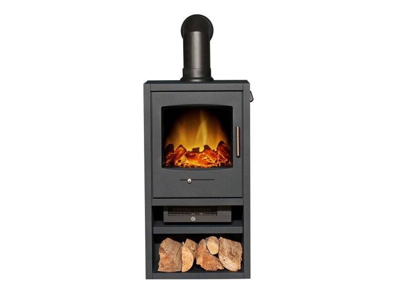 Adam Bergen XL Electric Stove in Charcoal Grey with Angled Stove Pipe in Black