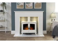 Load image into Gallery viewer, Adam Corinth Stove Fireplace in Pure White &amp; Grey with Downlights &amp; Woodhouse Electric Stove in Pure White, 48 Inch
