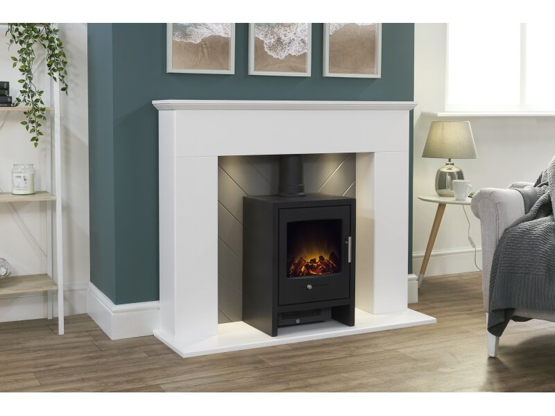 Adam Corinth Stove Fireplace in Pure White & Grey with Downlights & Bergen Electric Stove in Charcoal Grey, 48 Inch