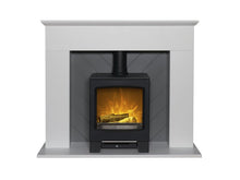 Load image into Gallery viewer, Adam Corinth Stove Fireplace in Pure White &amp; Grey with Downlights &amp; Lunar Electric Stove in Charcoal Grey, 48 Inch
