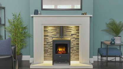 Adam New England Stove Fireplace Oak & Black + Bergen Electric Stove Charcoal Grey, 48"