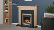Load and play video in Gallery viewer, Adam Southwold Fireplace Oak &amp; Black + Helios Electric Fire Brushed Steel, 43&quot;
