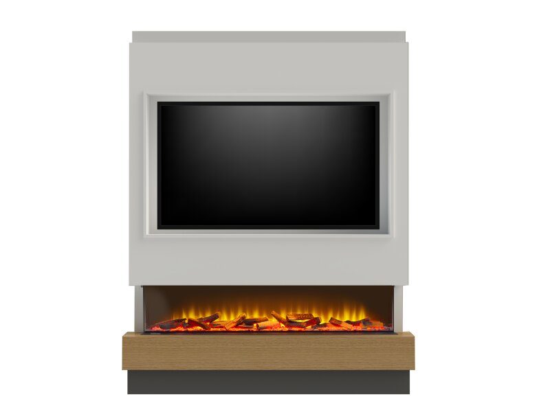 Acantha Matrix Pre-Built Pure White & Oak Effect Panoramic Media Wall with TV Recess