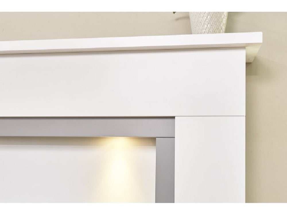 Adam Genoa Fireplace in Pure White & Grey with Downlights & Comet Electric Fire in Brushed Steel, 48 Inch