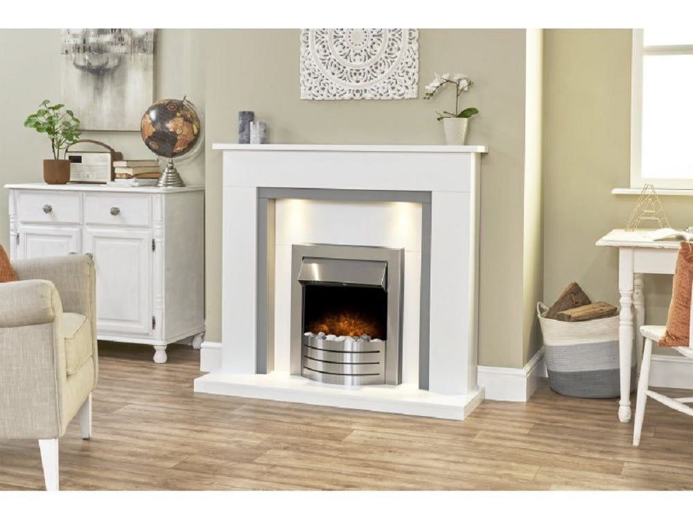 Adam Genoa Fireplace in Pure White & Grey with Downlights & Comet Electric Fire in Brushed Steel, 48 Inch