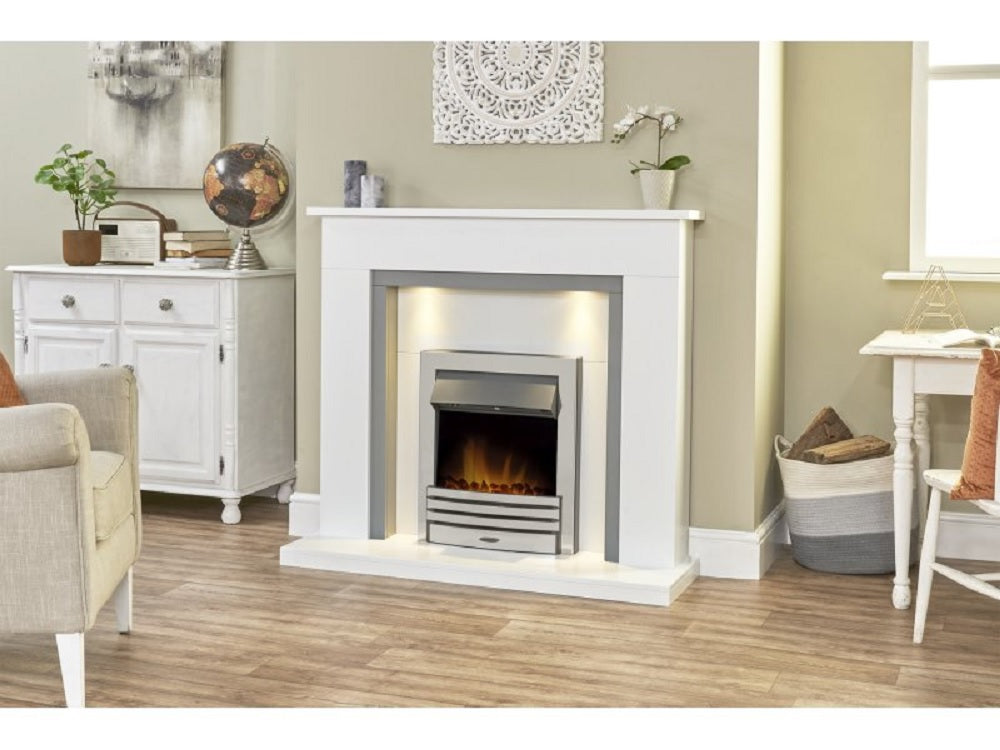 Adam Genoa Fireplace in Pure White & Grey with Downlights & Eclipse Electric Fire in Chrome, 48 Inch