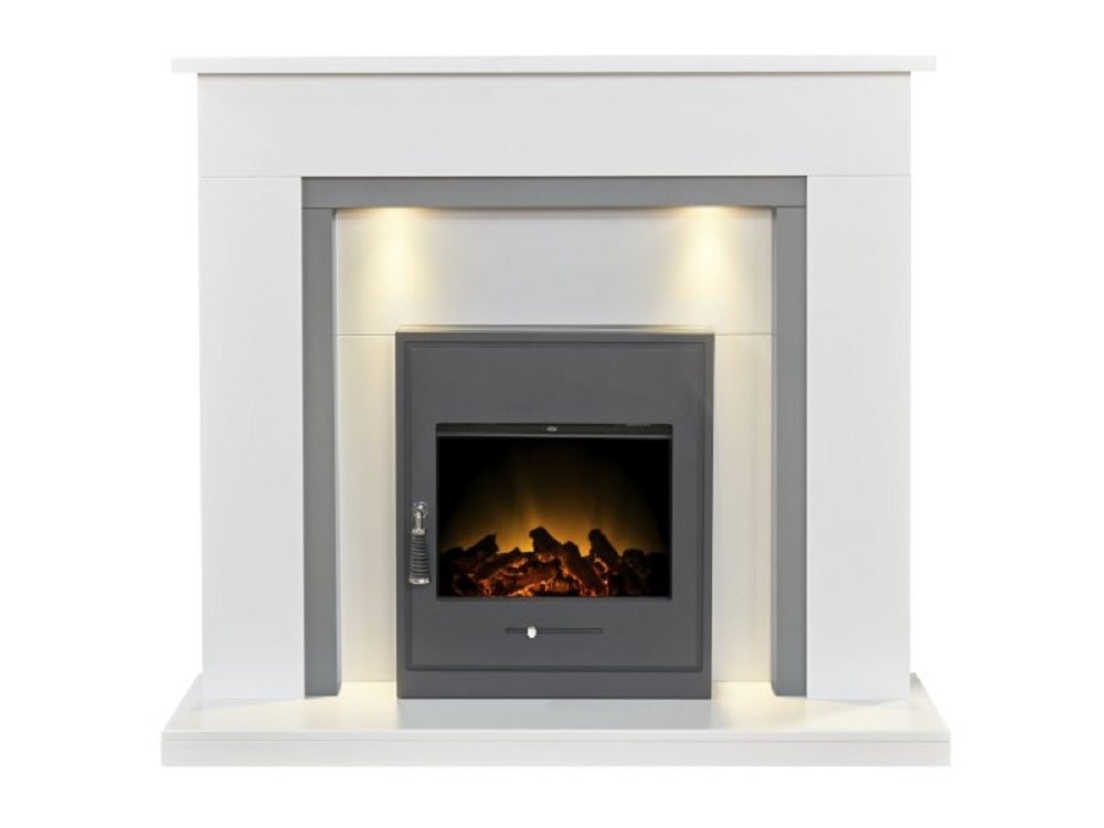 Adam Genoa Fireplace in Pure White & Grey with Downlights & Oslo Electric Inset Stove in Black, 48 Inch