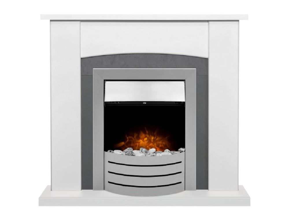 Adam Holden Fireplace in Pure White & Grey/White with Comet Electric Fire in Brushed Steel, 39 Inch