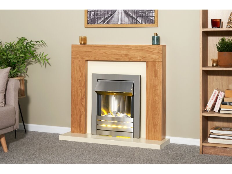Adam Dakota Fireplace Oak & Cream + Helios Electric Fire Brushed Steel, 39"