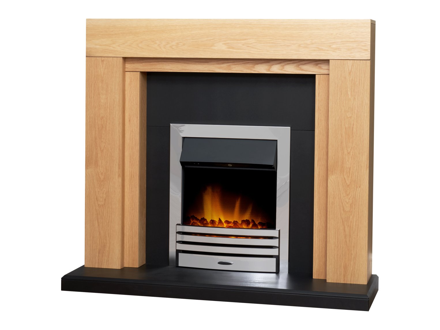 Adam Beaumont Oak & Black Fireplace + Downlights & Eclipse Electric Fire Chrome, 48"