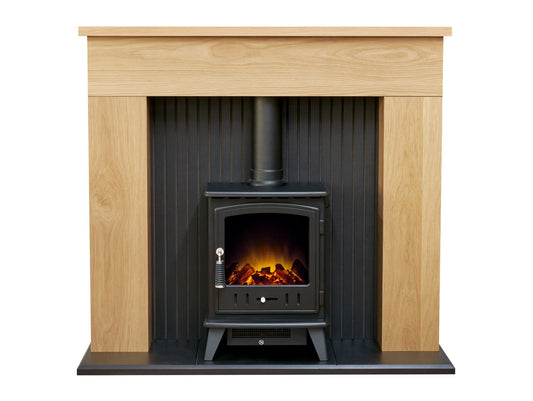 Adam Innsbruck Stove Fireplace in Oak with Aviemore Electric Stove in Black, 48 Inch