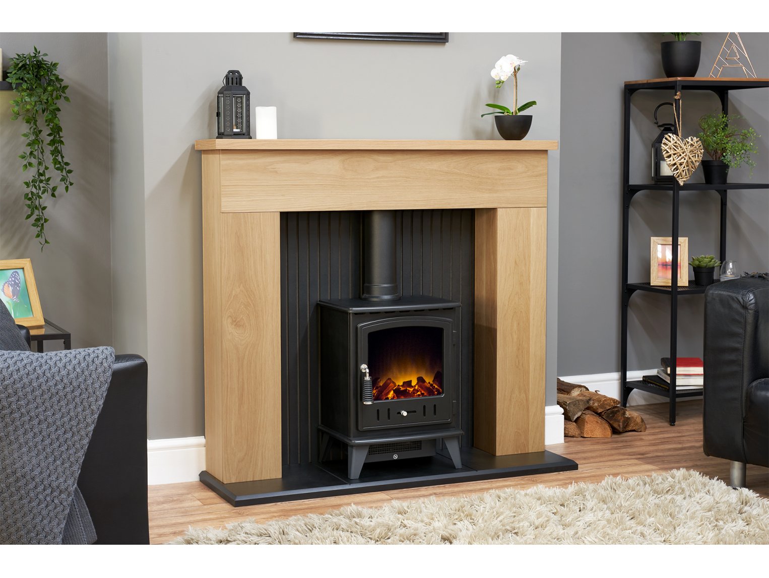 Adam Innsbruck Stove Fireplace Oak + Aviemore Electric Stove Black, 48"