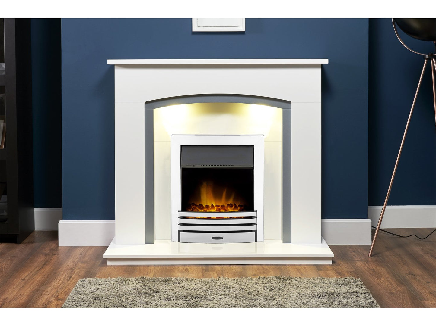 Adam Savanna Fireplace Pure White & Grey + Eclipse Electric Fire Chrome, 48"