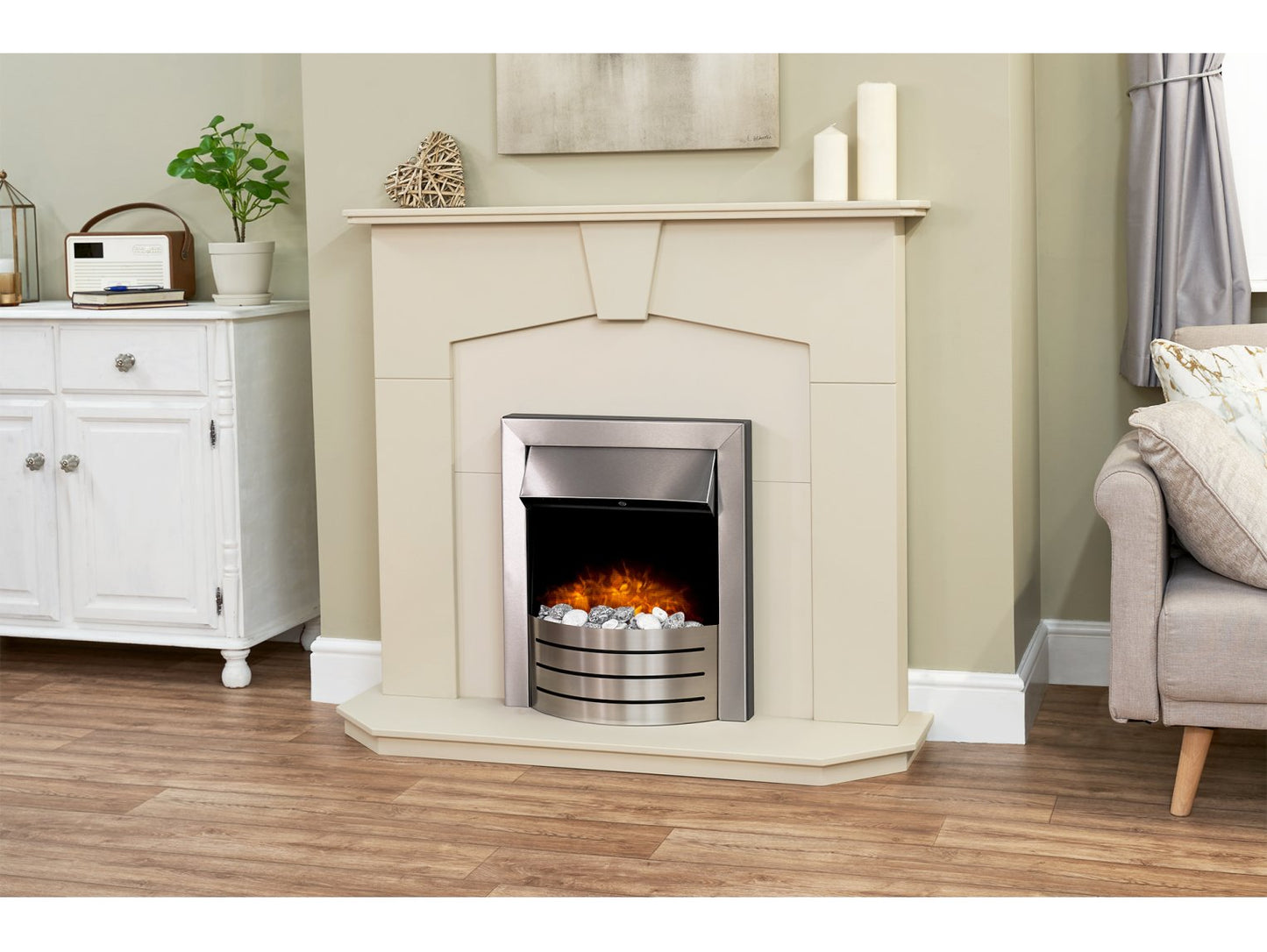 Adam Abbey Fireplace Stone Effect + Comet Electric Fire Brushed Steel, 48"