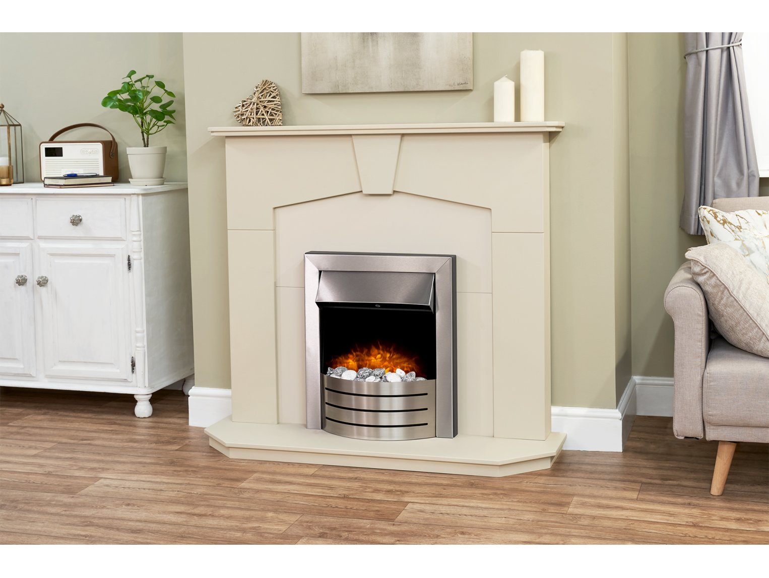 Adam Abbey Fireplace Stone Effect + Comet Electric Fire Brushed Steel, 48"