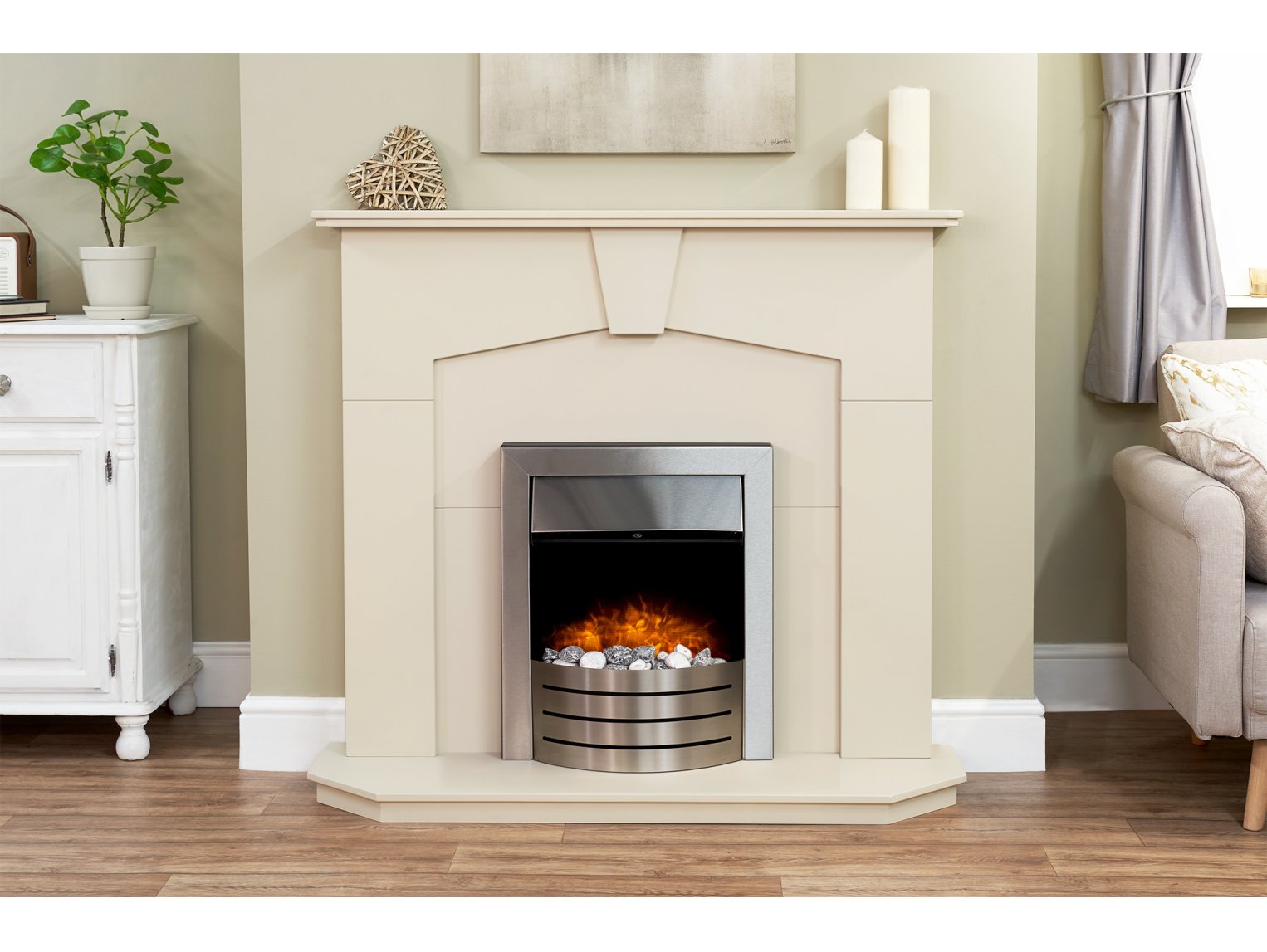 Adam Abbey Fireplace Stone Effect + Comet Electric Fire Brushed Steel, 48"