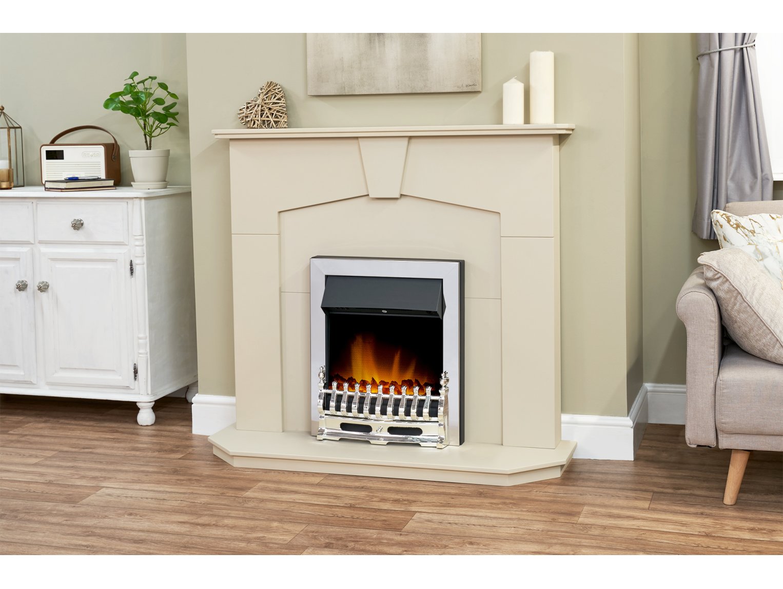 Adam Abbey Fireplace Stone Effect + Blenheim Electric Fire Chrome, 48"