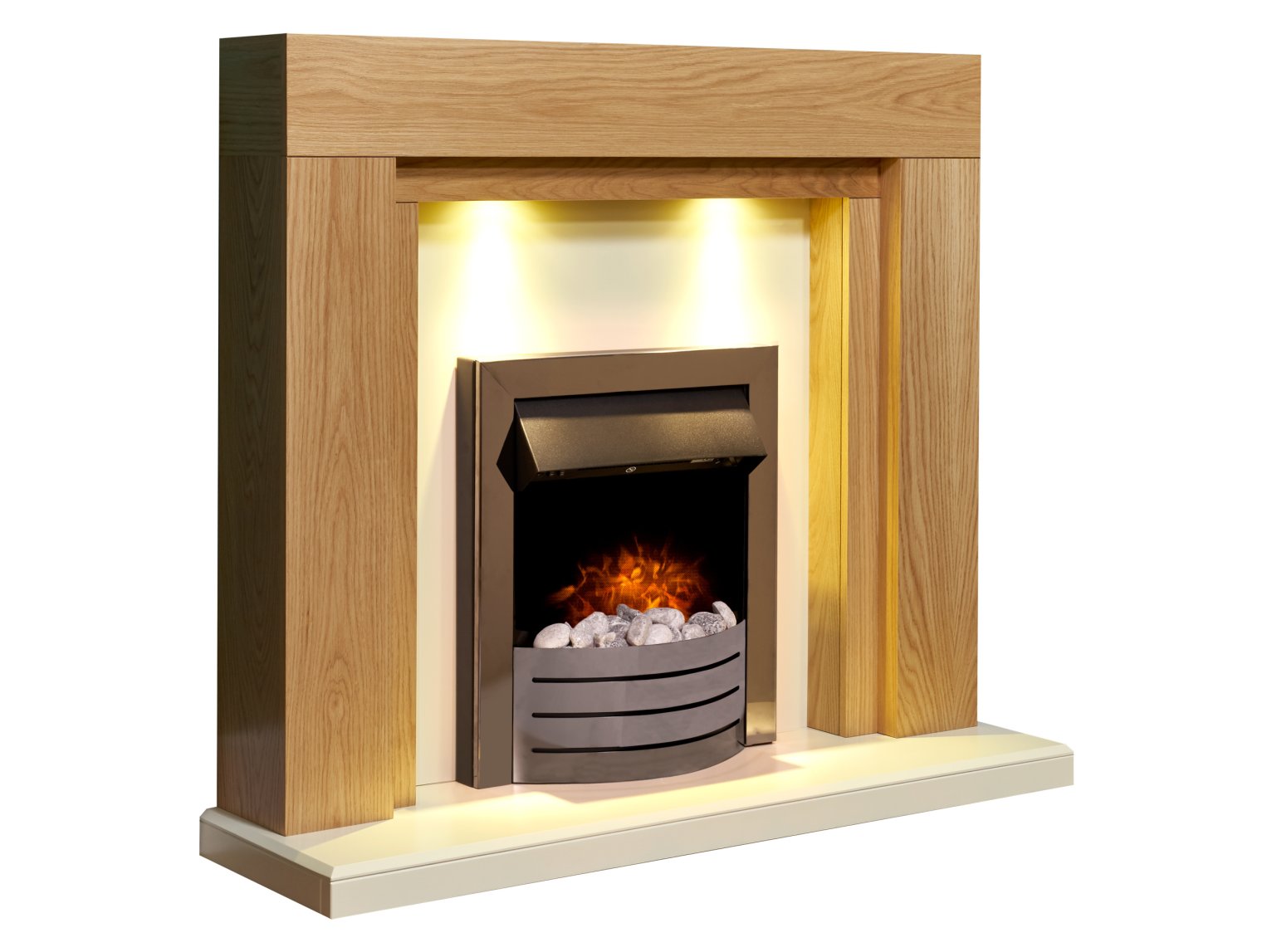 Adam Beaumont Fireplace Suite Oak & Cream + Comet Electric Fire Obsidian Black Chrome, 48"